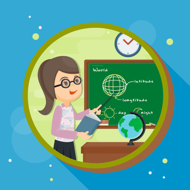 卡通教师角色手里拿着指针。教室内部装有教育用品。平面向量的设计图片下载