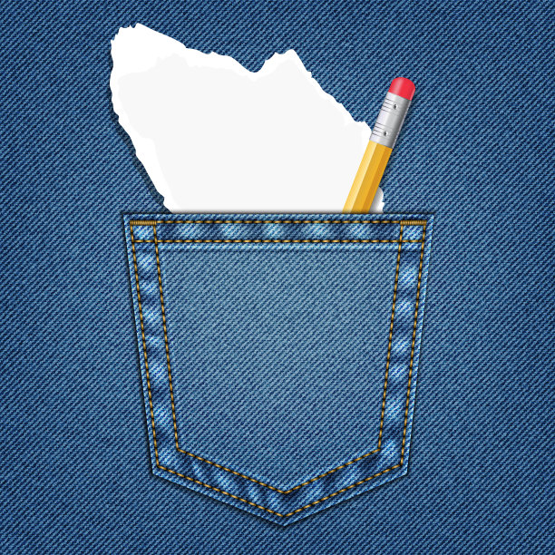 牛仔裤口袋里有白纸和铅笔。图片下载