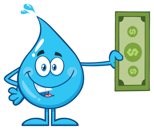 蓝色水滴卡通吉祥物人物持有一美元钞票图片下载