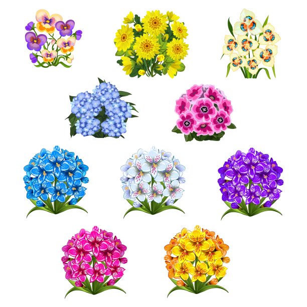 一套图案与彩色花束孤立在白色的背景。矢量卡通特写插图图片下载