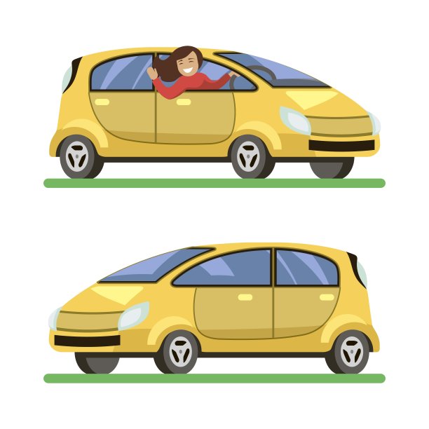 快乐的女孩开着一辆黄色的掀背车图片下载