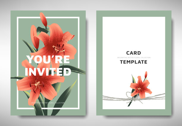 问候/邀请卡模板设计，橙色的百合花和叶子在绿色的背景，有机/自然的主题图片下载