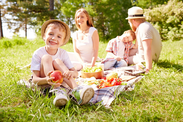 小男孩在夏天和家人野餐图片下载