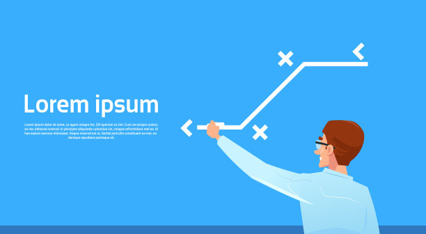 商人点落图箭头向下的企业财务成功概念在蓝色背景平复制空间水平图片下载