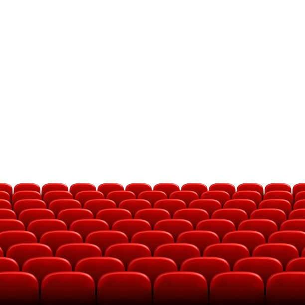 白色空白屏幕前的一排排红色电影院或剧院座位。宽敞空旷的电影院礼堂，有红色的座位。矢量图图片下载