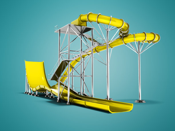 现代黄色的水吸引在海滩孤立的3d渲染在蓝色背景与阴影图片下载