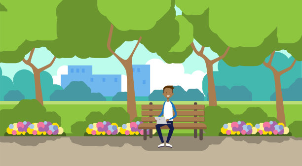 城市公园非洲人拿着笔记本电脑坐在木凳上，绿色的草坪，鲜花，树木，城市景观模板背景水平平坦图片下载