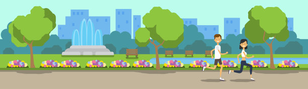 城市公园男人女人活动跑步绿化草坪鲜花喷泉树木城市景观模板背景旗帜平坦图片下载