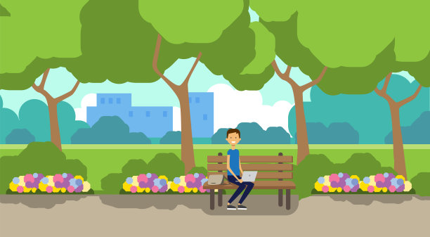 城市公园的男人拿着笔记本电脑坐在木长椅上，绿色的草坪，鲜花，树木，城市景观模板背景水平平坦图片下载