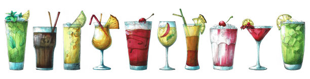 不同鸡尾酒的草图。用记号笔绘制的插图。图片下载