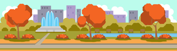 秋季城市黄色公园户外喷泉景观概念横横幅平坦图片下载