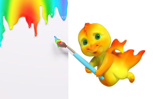 卡通龙拿画与毛笔和海报隔离，3d渲染图片下载