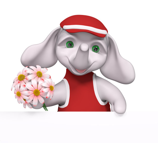有趣的小象人物手捧鲜花3d渲染图片下载