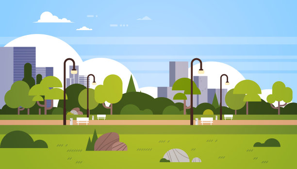 城市公园、户外、城市建筑、路灯、城市景观概念水平平坦图片下载