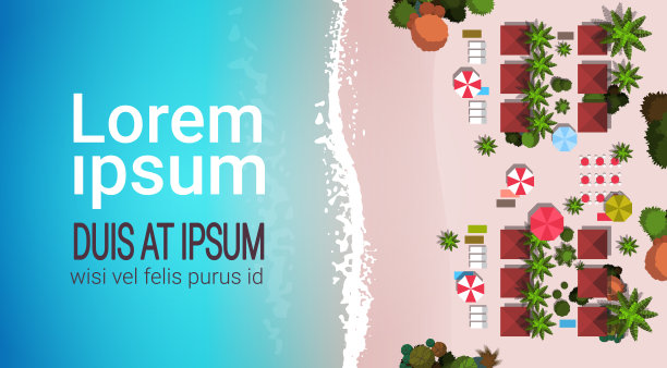 夏日海滩度假顶角观沙彩伞热带海滩度假横拷贝空间平坦图片下载