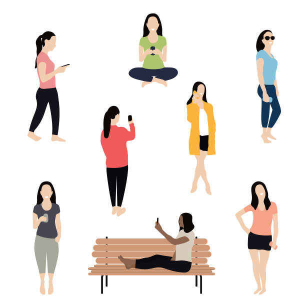 用智能手机聊天、发短信、自拍的女人。一群时尚女性以不同姿势站着或坐着使用智能手机。角色设计图片下载