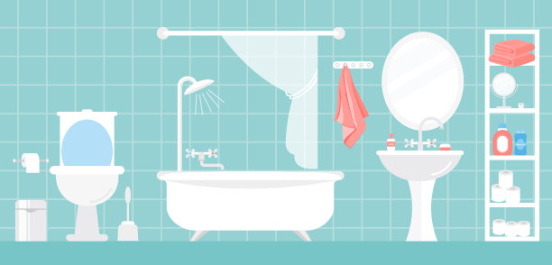 矢量插图的现代浴室室内在白色和蓝色的颜色在平面卡通风格。图片下载