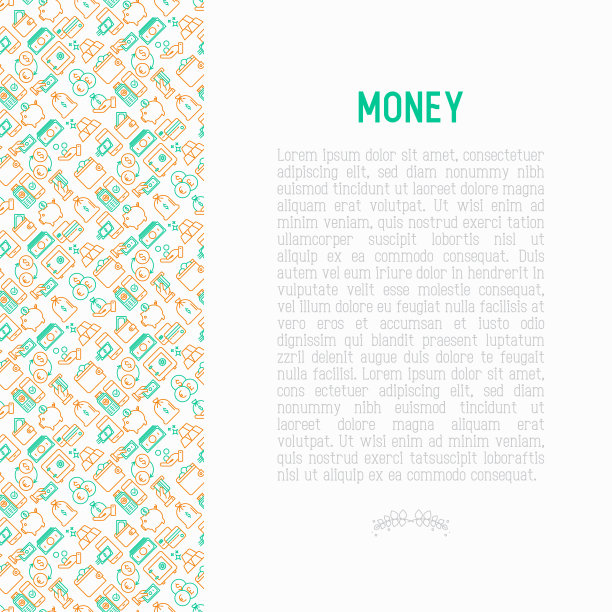 货币概念与细线图标:现金，信用卡，pos机，储蓄罐，钱包，手与硬币，袋黄金。现代矢量插图横幅，印刷媒体，网页。图片下载