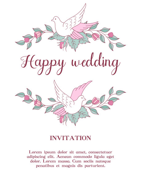 婚礼的邀请。美丽的婚礼贺卡花环精致的婚礼花和白色的鸽子。矢量插图。图片下载