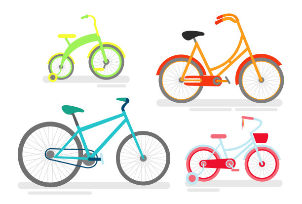 矢量插图自行车，自行车自行车，交通类型，自行车在明亮的绿色，粉红色和蓝色的颜色为儿童和成人在卡通风格。图片下载