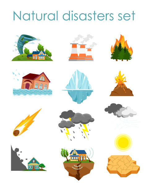 矢量插图一套颜色图标自然灾害孤立在白色背景，风暴，火灾和飓风的元素收集。图片下载
