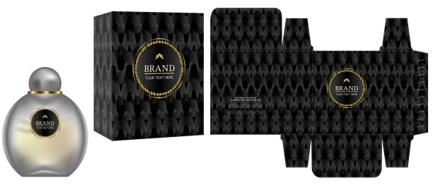 包装设计，化妆品容器上的标签与黑色豪华盒模板和模型盒。说明向量。图片下载