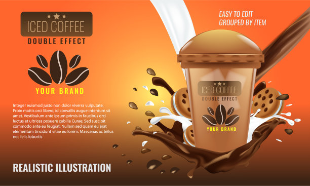 冰咖啡杯与倒巧克力喷溅和饼干广告布局。说明了向量。图片下载