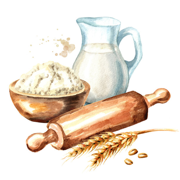 Cookig集。木擀面杖，一碗面粉和一罐牛奶。水彩手绘插图，孤立的白色背景图片下载