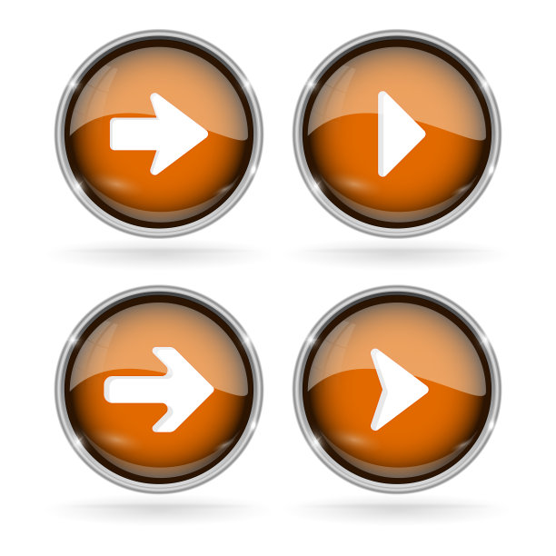 橙色下一步按钮与铬框。圆形玻璃闪亮的3d图标与箭头图片下载