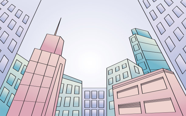 有摩天大楼的现代城市。视图从下面。倾斜角度。原始手绘插图。图片下载