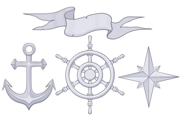 一组航海元素。方向盘，风舌，锚，彩带旗。手绘草图图片下载