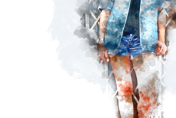 美丽的女人身体和行走街道上的水彩画背景。图片下载