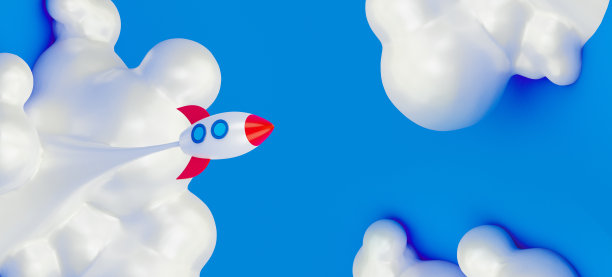 启动业务。宇宙飞船火箭在蓝天上的白云中飞行。3 d渲染插图。图片下载