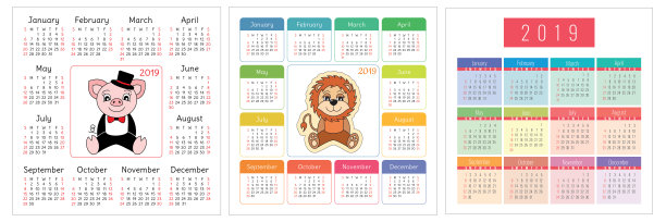 日历2019年。色彩斑斓的向量集。狮子。一周从周日开始。中国猪。卡通动物。设计模板图片下载