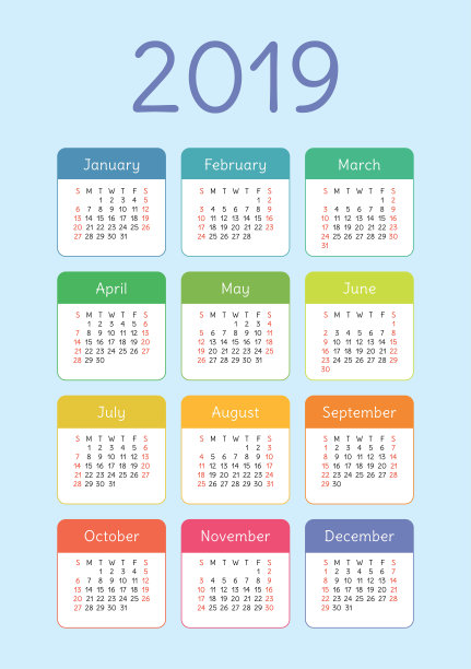 日历2019年。色彩斑斓的向量集。一周从周日开始。设计模板图片下载
