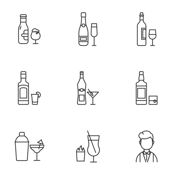 酒精饮料矢量图标轮廓集图片下载