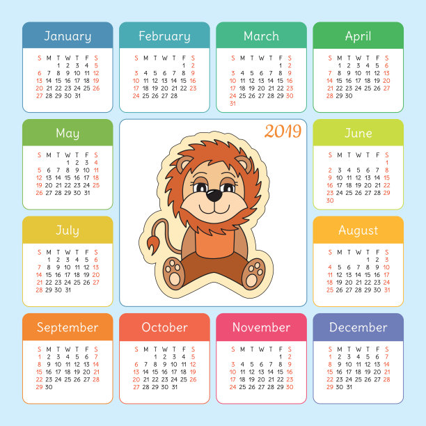 日历2019年。狮子。狮子座。卡通动物。色彩斑斓的向量集。一周从周日开始。设计模板图片下载