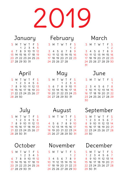 日历2019年。色彩斑斓的向量集。一周从周日开始。设计模板图片下载