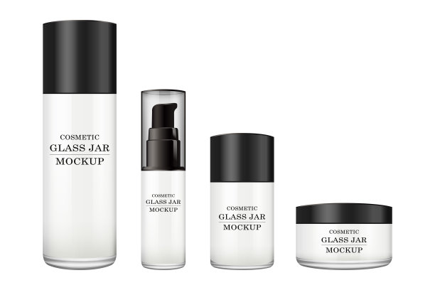 逼真的白色玻璃罐与塑料盖化妆品-身体霜，黄油，磨砂膏，粉底霜，凝胶，皮肤护理，粉末。优质的产品。包模板。矢量模拟设置。图片下载