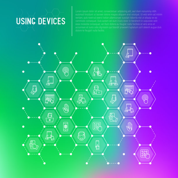 在蜂窝状的细线图标中使用设备概念:小玩意，手持平板电脑，触摸屏，指纹，笔记本电脑，无线耳机。现代矢量插图横幅，网页，印刷媒体。图片下载
