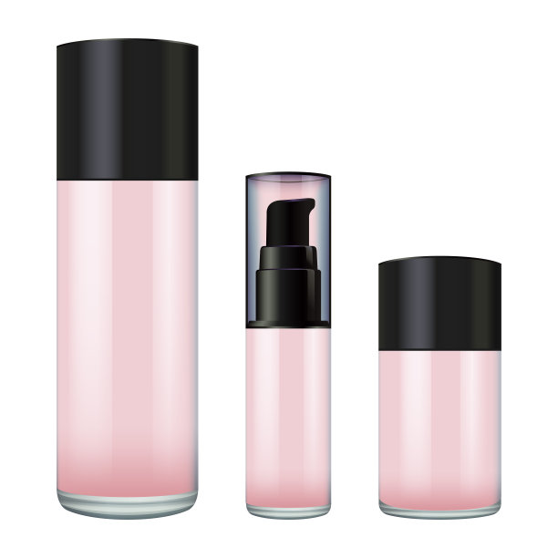 现实的粉色玻璃罐与塑料盖化妆品-身体霜，黄油，磨砂膏，粉底霜，凝胶，皮肤护理，粉末。优质的产品。包模板。矢量模型。图片下载