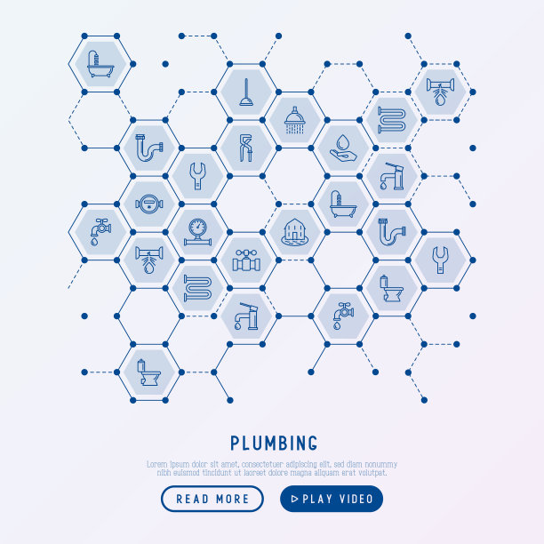 管道概念在蜂巢与细线图标的浴缸，淋浴，管道，扳手，跌落，泄漏，仪表，柱塞。现代矢量插图横幅，网页，印刷媒体。图片下载