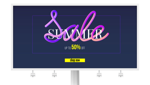 广告牌上的夏季促销横幅。买到50%，现在就去买。文字信息的设计剪纸和色彩流动的风格。设计折扣活动的布局，3D插图图片下载
