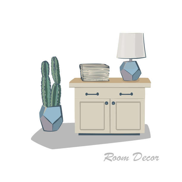 室内设计，效果图，平面。现代元素客厅时尚风格。家里房子装修。桌子，厨房，书籍，杂志，台灯，植物，仙人掌，花瓶。绘制矢量手绘蜡笔颜色图片下载