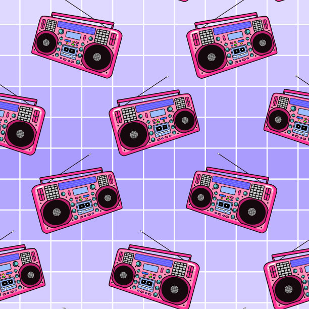 复古立体声录音机，磁带或盒式录音机，电台无缝模式。矢量插图。有趣的迪斯科80年代风格的墙纸设计。图片下载