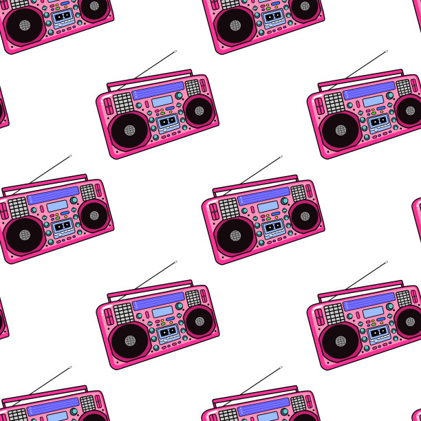 复古立体声录音机，磁带或盒式录音机，电台无缝模式。矢量插图。有趣的迪斯科80年代风格的墙纸设计。白色背景。图片下载