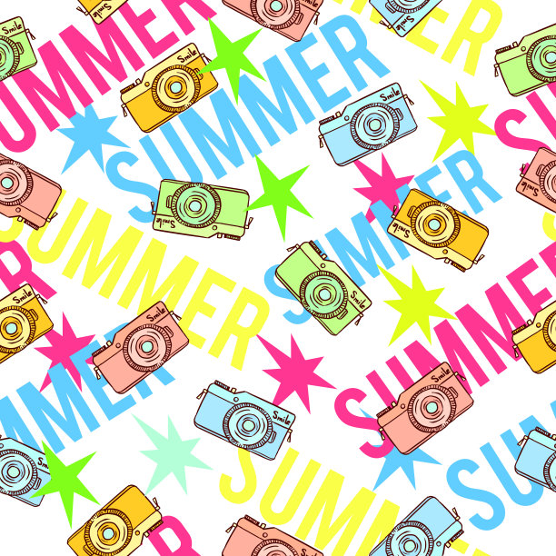 可爱和有趣的老式手绘相机无缝模式向量图片下载
