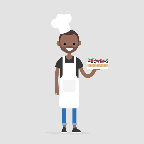 年轻愉快的首领拿着一个浆果蛋糕。面包店。甜点。餐厅。美食。美食。平面可编辑矢量插图，剪辑艺术图片下载