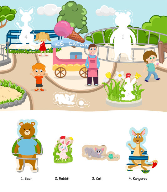 涂色动物园儿童书与四个贴纸字符。矢量插图。图片下载