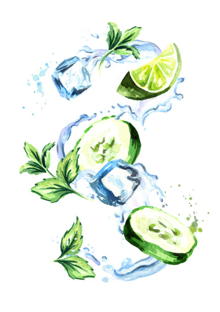 黄瓜薄荷冷却器，加入冰块，酸橙，黄瓜和薄荷叶。水彩手绘插图，孤立的白色背景图片下载